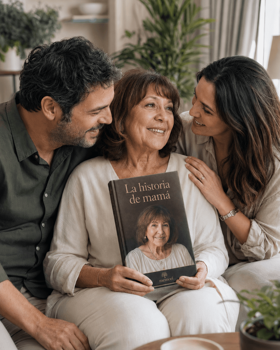 Mujer sonriendo junto a un libro familiar Memori